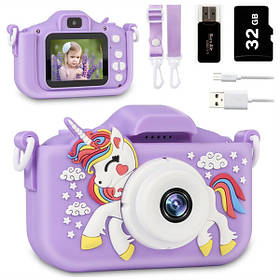 Дитячий фотоапарат Єдиноріг з іграми фото відео картою пам'яті Фіолетовий (60707)