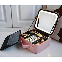 Косметичка рожева дорожня з дзеркалом і LED-підсвіткою, б'юті-кейс для косметики на блискавці