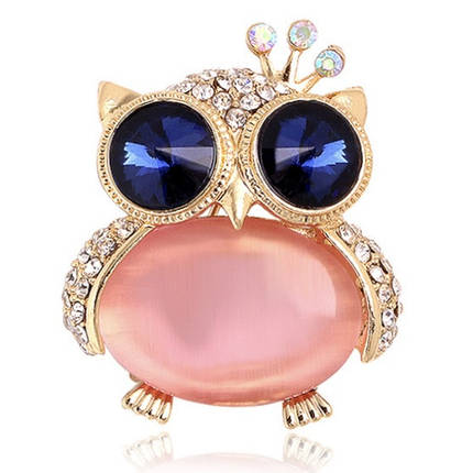 Брошка металева на золотистій основі сова із синім очима та білими стразами розмір 40х30 мм, фото 1