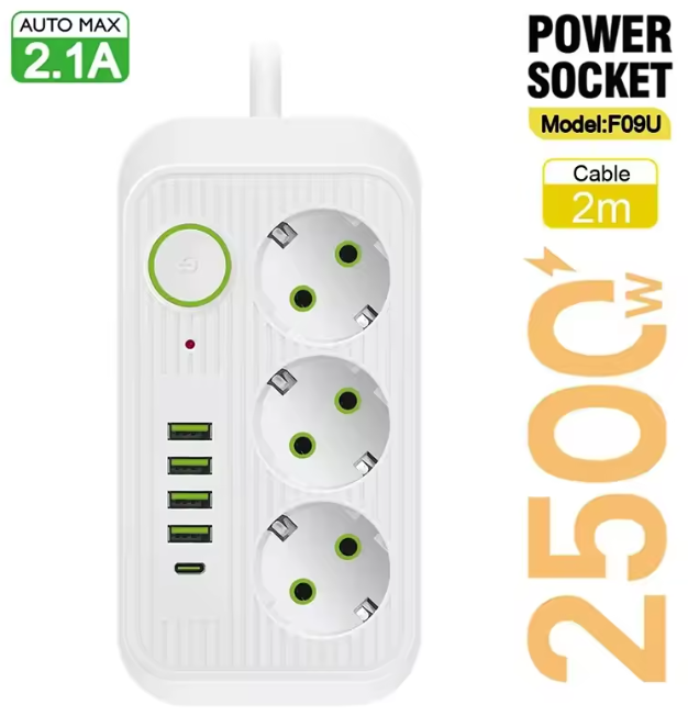 Мережевий фільтр Voltronic F09U, подовжувач переноска на 3 розетки EU + 4 USB + 1PD, кнопка включення 2 м