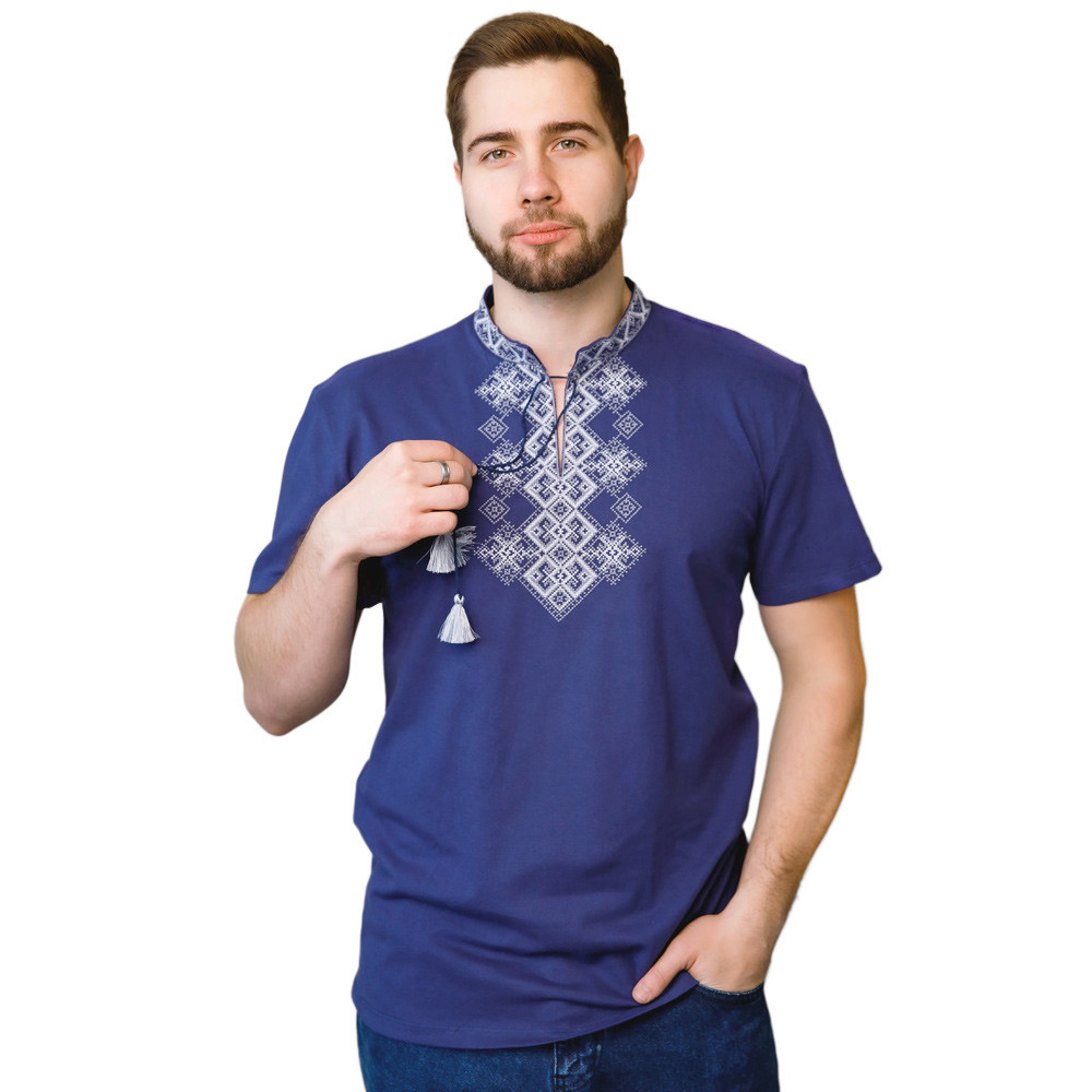 Трикотажна вишиванка Бажан синя з сірою вишивкою р.XL.XXL.