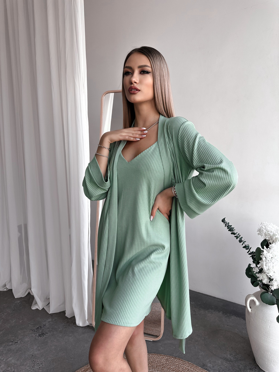 НАБІР СОРОЧКА+ХАЛАТ ТРИКОТАЖНИЙ РУБЧИК ФІСТАШКА S-XXL 125ZF, фото 1