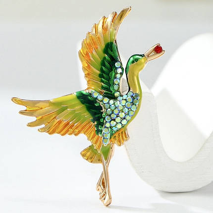 Брошка металева на золотистій основі журавель із кристалами покрита кольоровою емаллю розмір 45х40 мм, фото 1