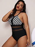 Купальник жіночий 54 суцільний злитий чорний зі смугастим верхом великий розмір, фото 4