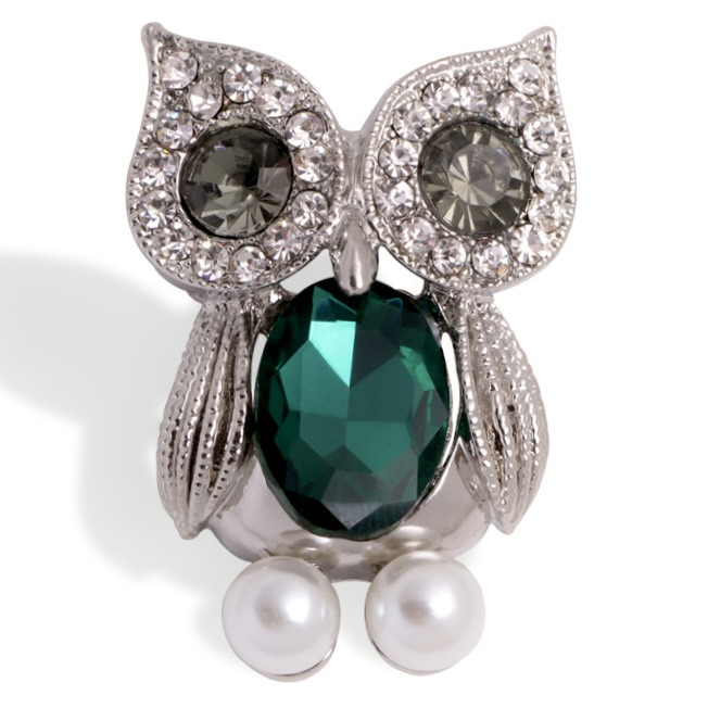 Брошка металева на темній сріблястій основі сова із зеленими очима та животиком із намистинами розмір 45х30 мм