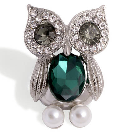Брошка металева на темній сріблястій основі сова із зеленими очима та животиком із намистинами розмір 45х30 мм, фото 1
