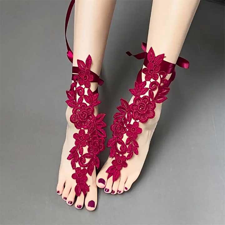 Мереживні квіткові гольфи із зав'язками XS/S/М/L (1,2,3,4) Бордовий — Еротична білизна, фото 1