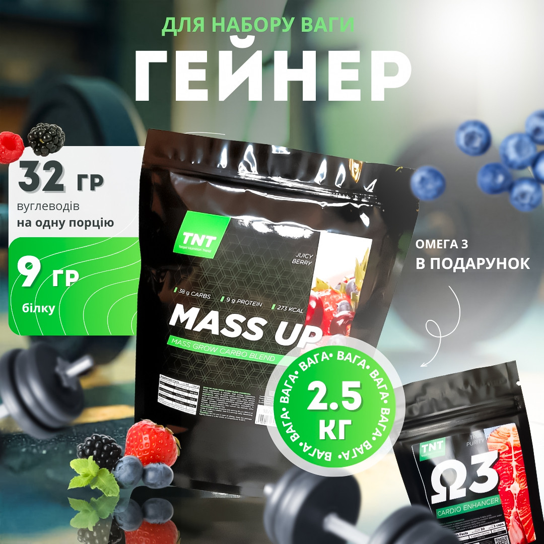Гейнер Mass-up 2,5 кг для набору ваги та маси + омега 3 в подарунок Польща