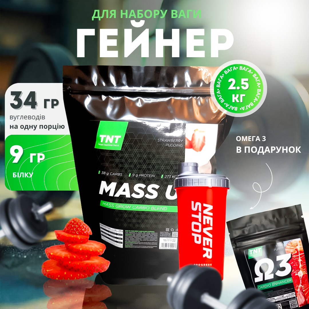 Гейнер Mass-up 2,5 кг для набору ваги та маси + шейкер + омега 3 у подарунок Польща