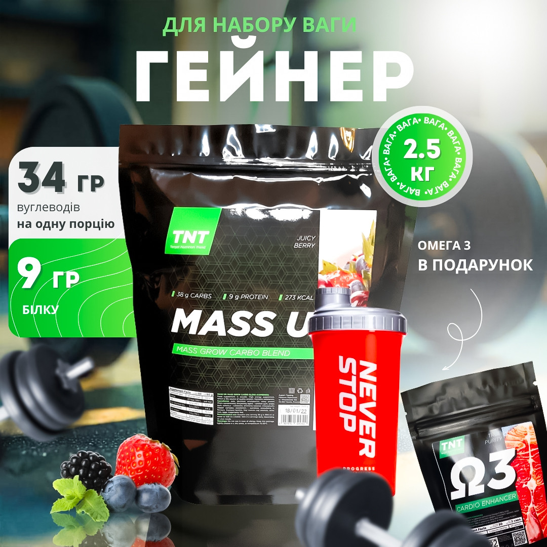 Гейнер Mass-up 2,5 кг для набору ваги та маси + шейкер + омега 3 у подарунок Польща