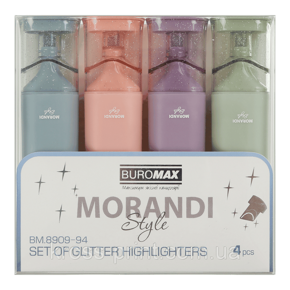 Набір із 4-х текст-маркерів MORANDI STYLE Glitter (рожевий, бузковий, оливковий, графітовий) MORANDI Glitter,