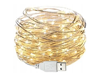 Светодиодная гирлянда USB, медная нить, теплый белый, 10 м, 100 светодиодов, 8 режимов, с пультом.