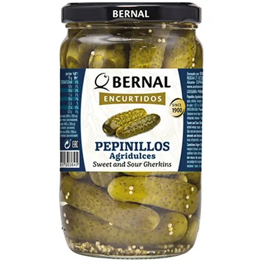 Корнішони Bernal кисло-солодкі 685 г,(суха вага 400 г), фото 1