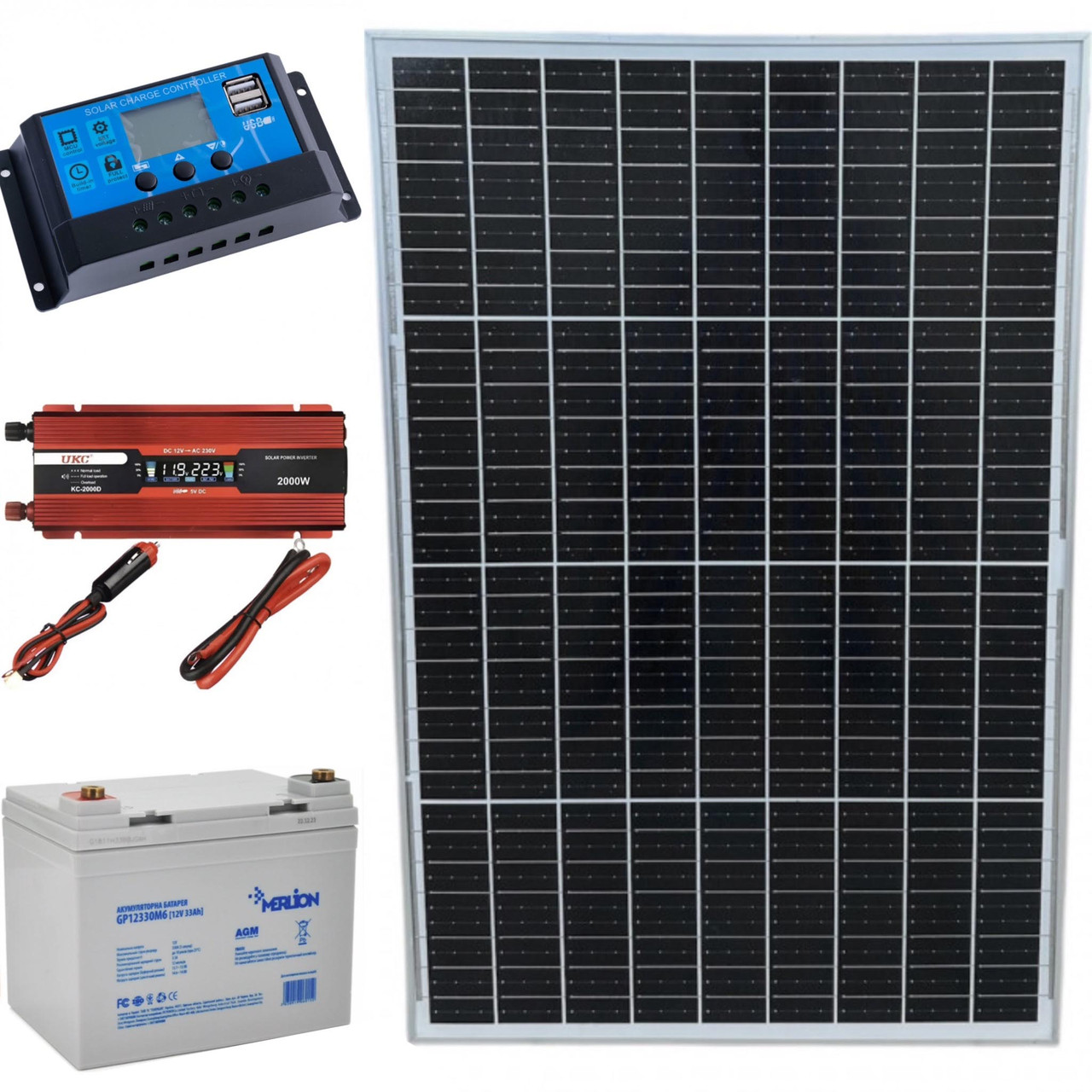 Комплект резервного живлення 1000Вт з сонячною панеллю 50W + інвертор 1000/2000 + ШИМ 30А та АКБ 12V 33Ah(396Вт)