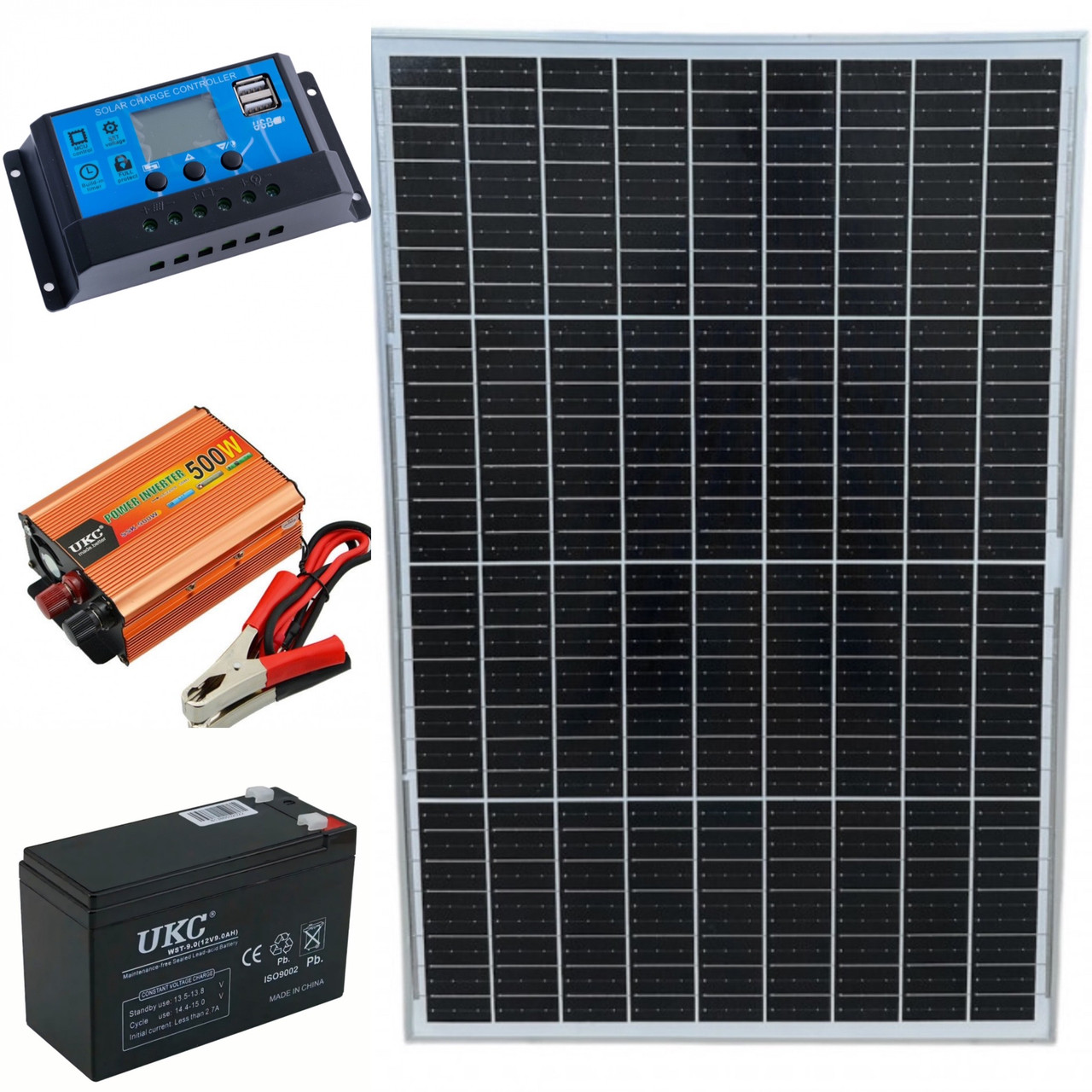 Комплект резервного живлення з сонячною панеллю 50W + інвертор 500Вт + ШИМ 30А та АКБ 12V 9Ah (108Вт)