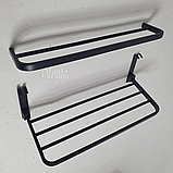 Вішалка для рушників у ванну алюмінієва дворівнева з полицею та гачками 56x23 см, настінний тримач Чорний, AND-3819, фото 4