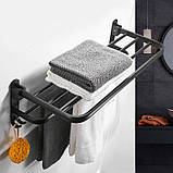 Вішалка для рушників у ванну алюмінієва дворівнева з полицею та гачками 56x23 см, настінний тримач Чорний, AND-3819, фото 2