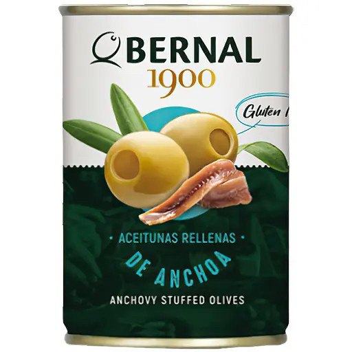 Оливки Bernal фаршировані анчоусом з/б 292 г,(суха вага 120 г), фото 1