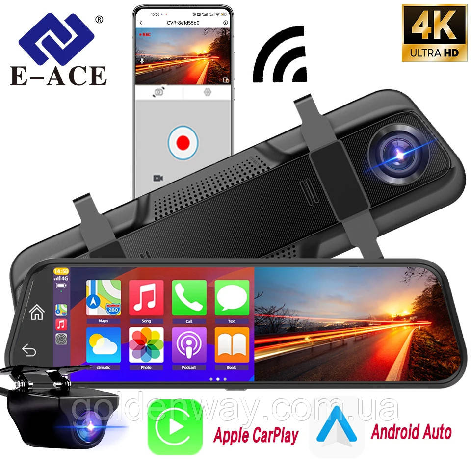 Дзеркало з відеореєстратором E-ACE A54 екран 10 дюймів 4К WiFi GPS навігація через Carplay Android Auto+задня камера