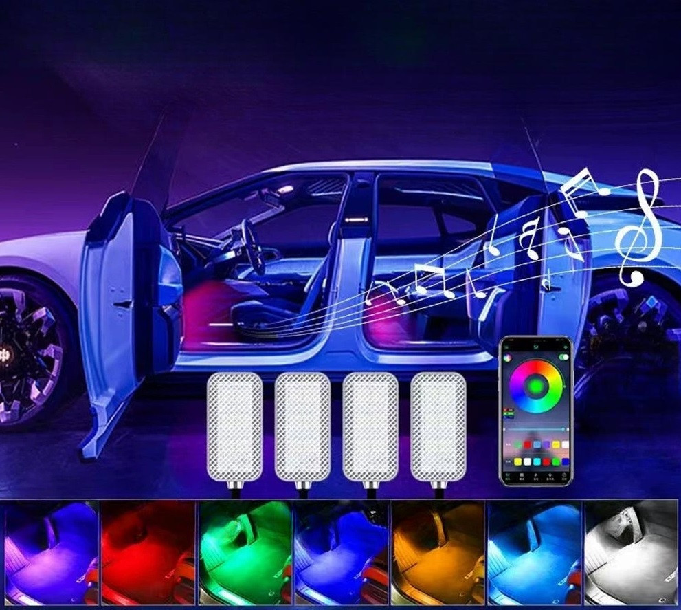 Світлодіодна підсвітка салону авто RGB-підсвітка ніг в авто 4 шт., USB Bluetooth-застосунок APP, фото 1