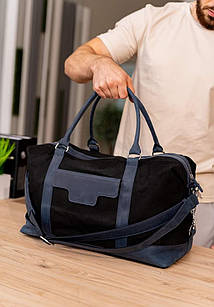 Дорожня сумка з канвасу та натуральної темно-синьої шкіри Crazy Horse