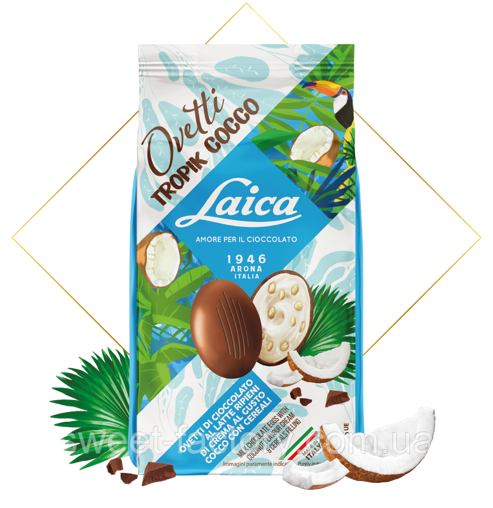 Шоколадні яйця Laica Ovetti Tropic Coconut Milk Chocolate Eggs 120g, фото 1