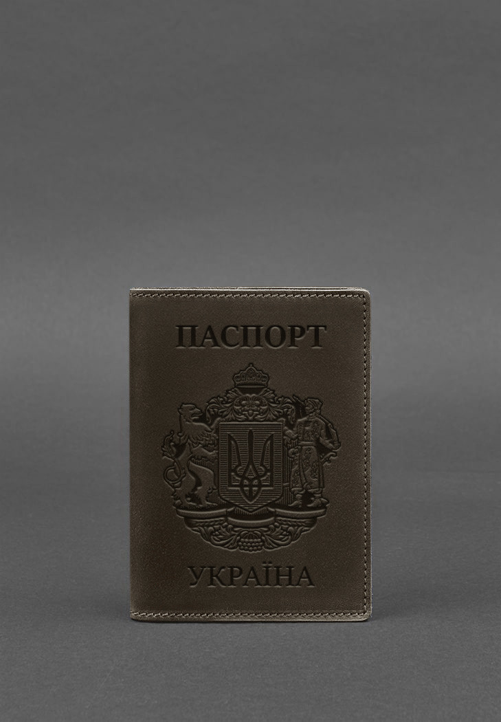 Шкіряна обкладинка для паспорта з українським гербом темно-коричнева, фото 1