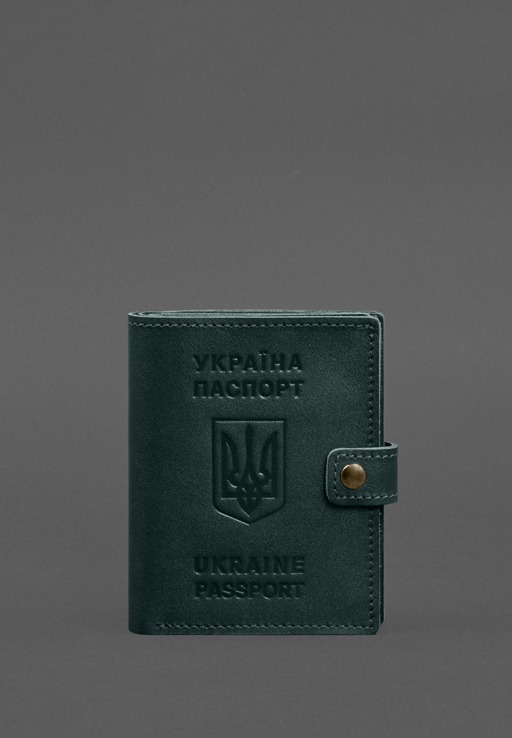 Шкіряна обкладинка-портмоне на паспорт з гербом України 25.1 Зелена, фото 1