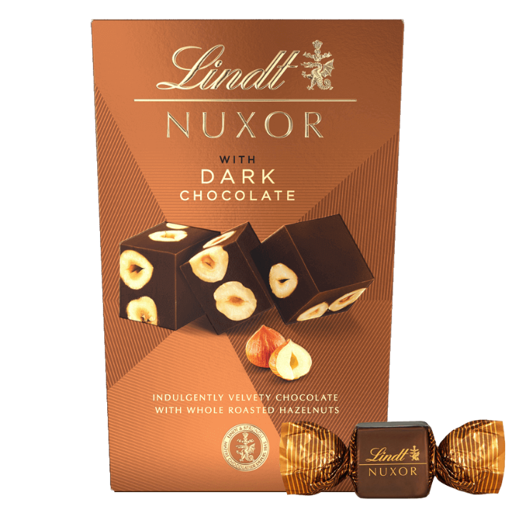 Цукерки Lindt Nuxor Dark з чорного шоколаду з цілими лісовими горіхами, 150г