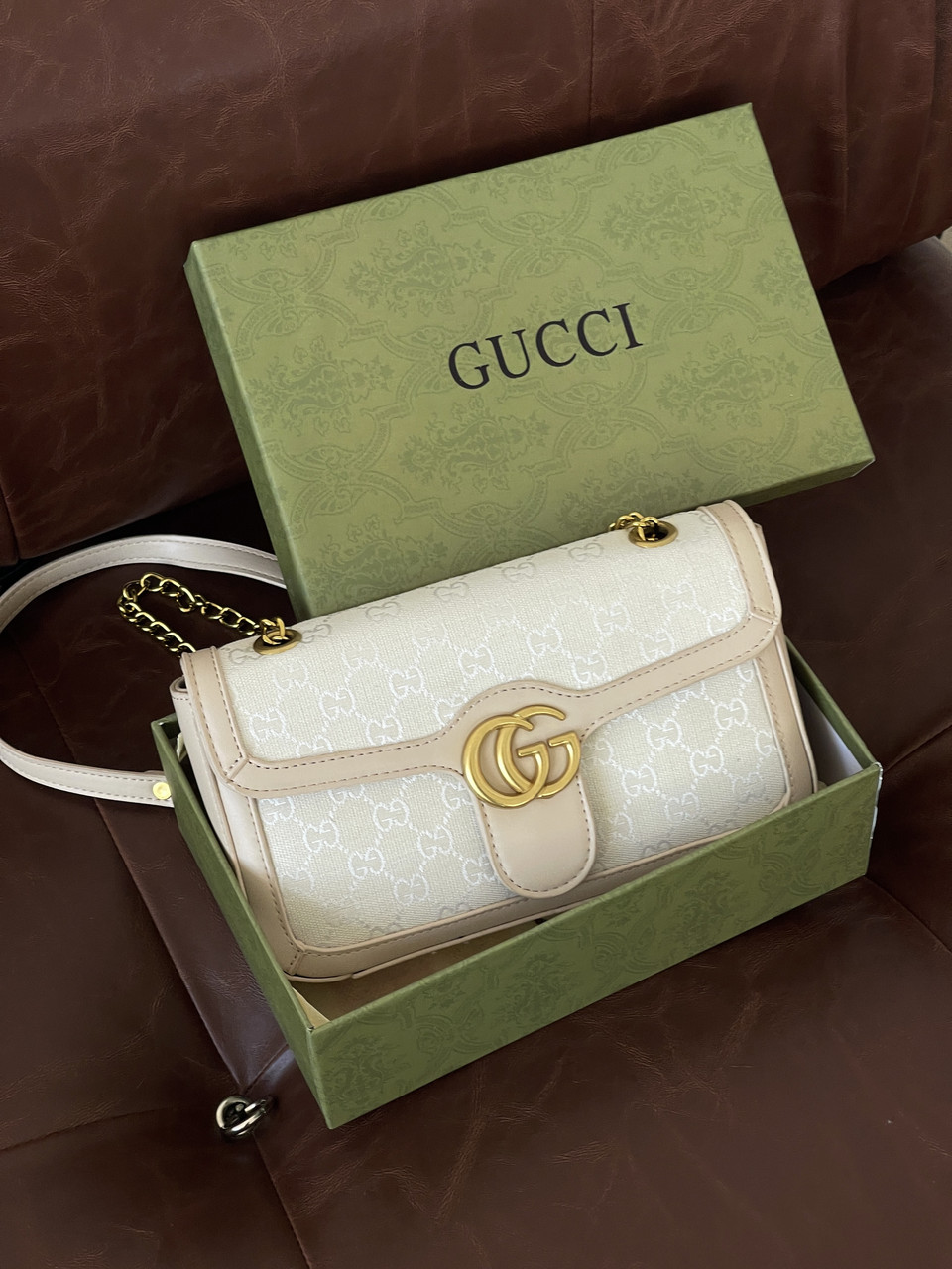 Сумка жіноча Gucci Marmont молочний крос боді через плече Гуччі