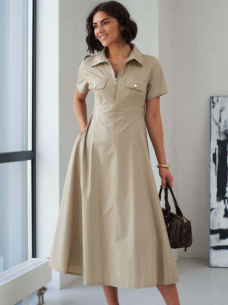 Літня жіноча сукня сорочка довжини міді а-силует бежева, фото 1