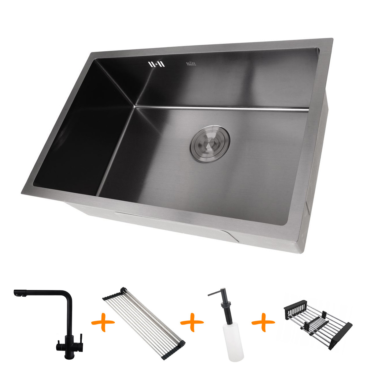 Комплект чорної кухонної мийки та змішувача з неіржавкої сталі NB-6845, фото 1