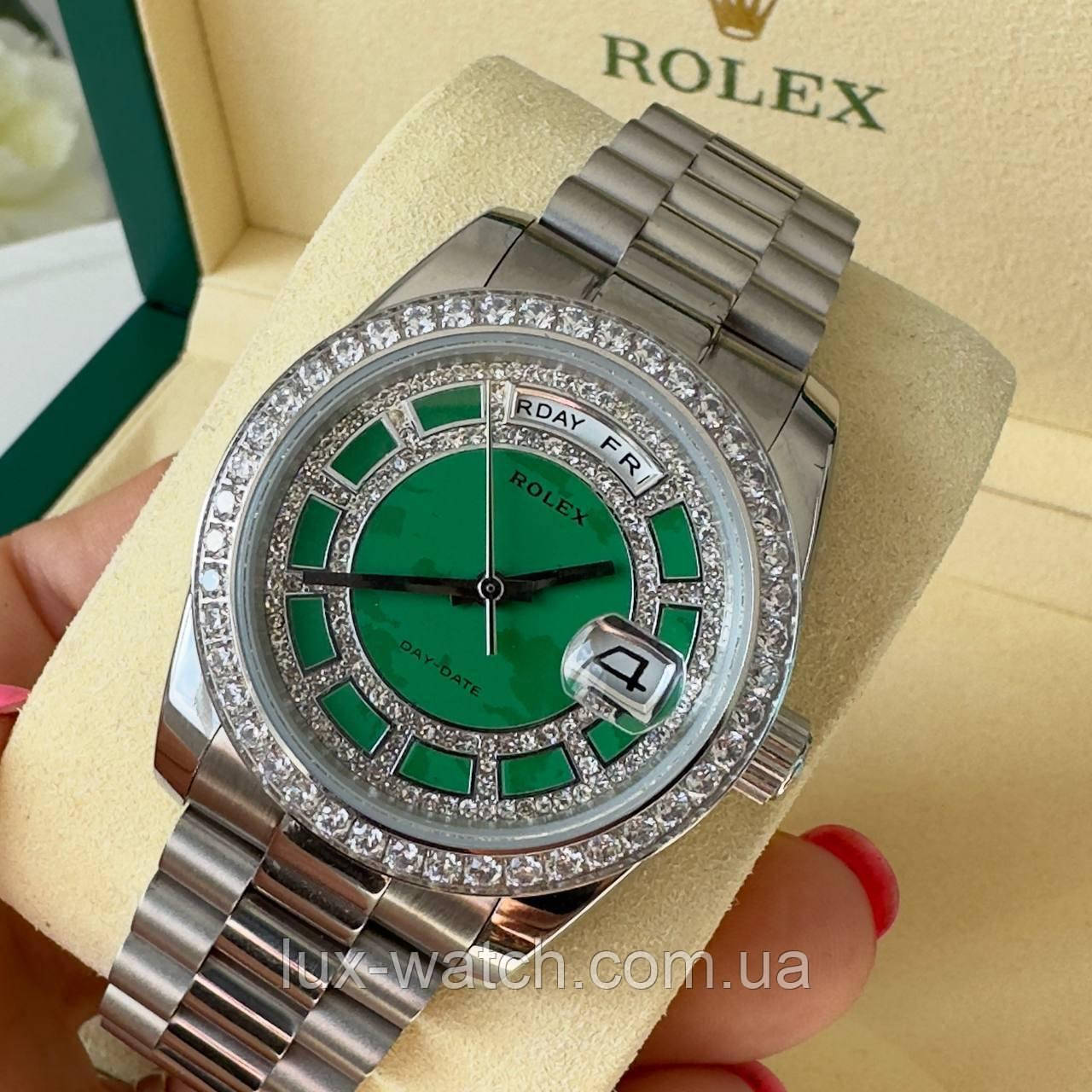 Стильний наручний годинник R/o/l/e/x/ 36 mm Day — Date Silver Green Diamond