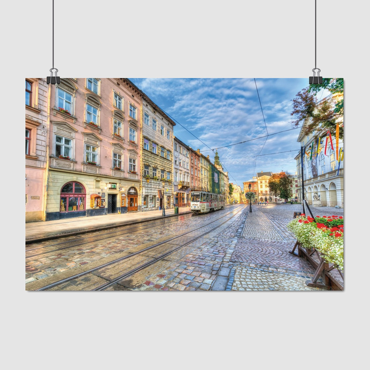 Плакат "Львів, Площа Ринок, трамвай біля Ратуші, Lviv", 40×60см