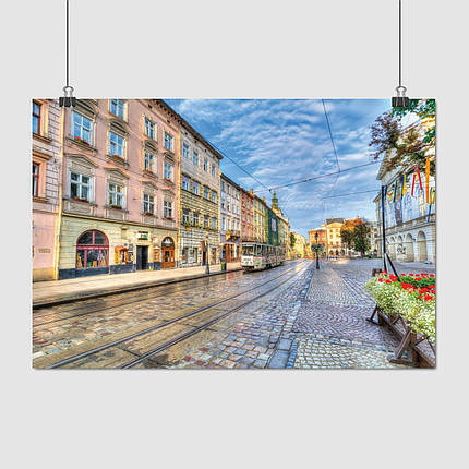 Плакат "Львів, Площа Ринок, трамвай біля Ратуші, Lviv", 40×60см, фото 1