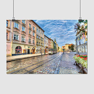Плакат "Львів, Площа Ринок, трамвай біля Ратуші, Lviv", 40×60см