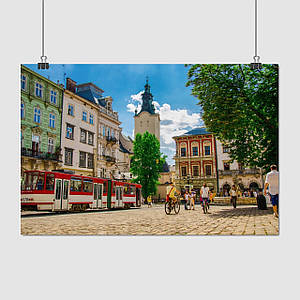 Плакат "Львів, Площа Ринок, трамвай і фонтан, Lviv", 40×60см