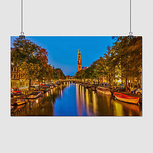 Плакат "Нідерланди, Амстердам, човни та відображення у воді, Amsterdam, Netherlands", 40×60см