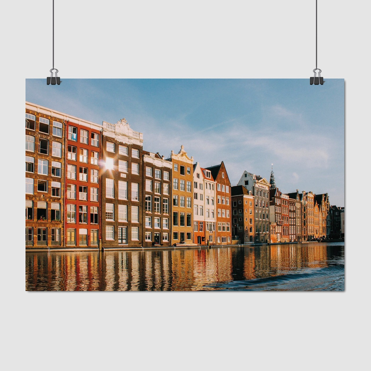 Плакат "Нідерланди, Амстердам, заході сонця, будинки над річкою, Amsterdam, Netherlands", 40×60см