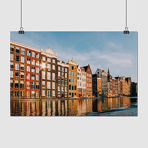 Плакат "Нідерланди, Амстердам, заході сонця, будинки над річкою, Amsterdam, Netherlands", 40×60см