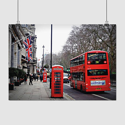 Плакат "Англія, Лондон, червоний автобус біля телефонної будки, London, England", 43×60см, фото 1