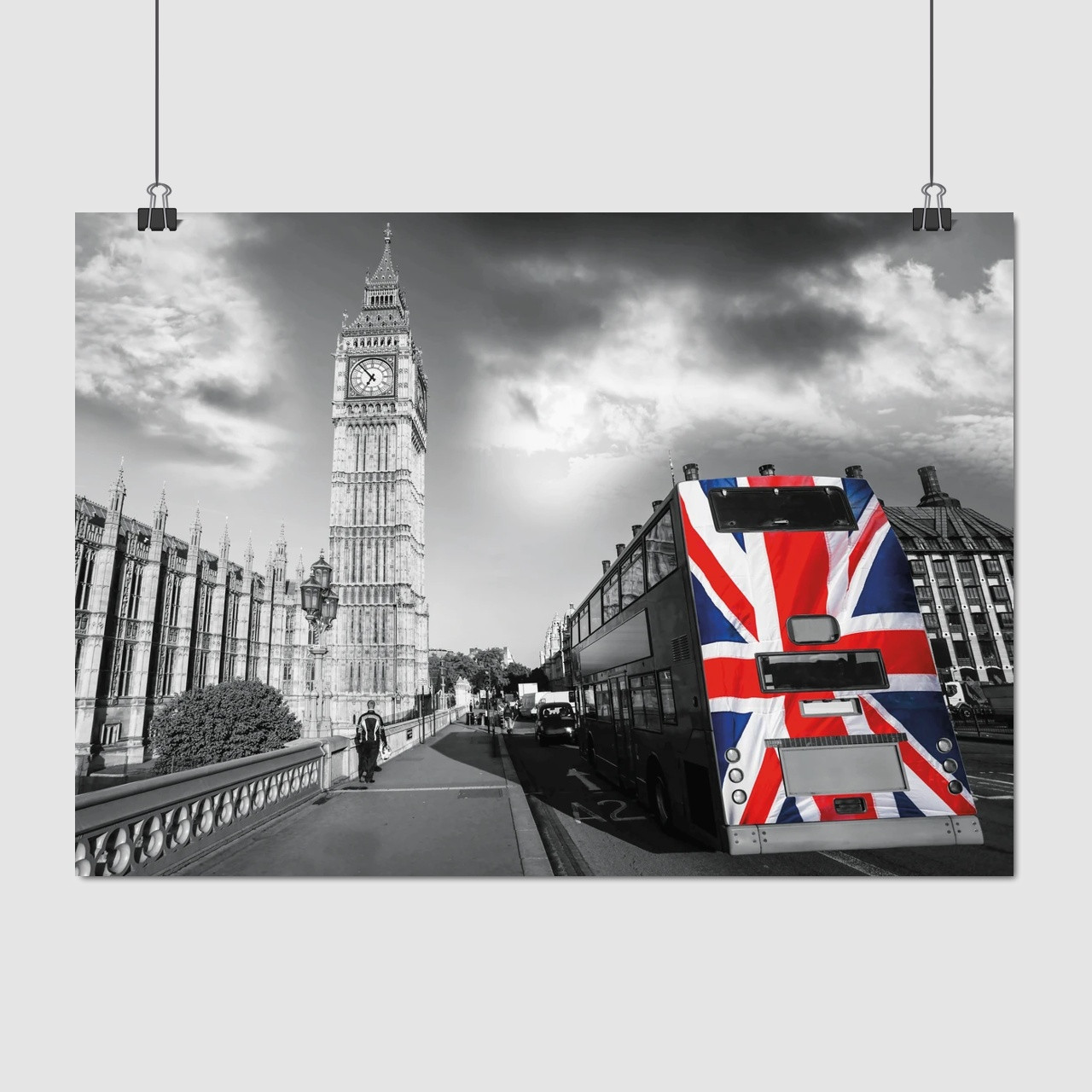 Плакат "Англія, Лондон, автобус з прапором і вид на Біг Бен, London, England", 43×60см