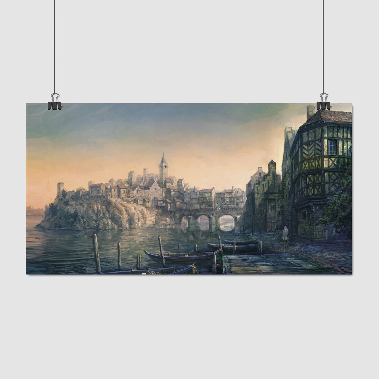 Плакат "Відьмак. Міська пристань та човни, Witcher", 32×60см
