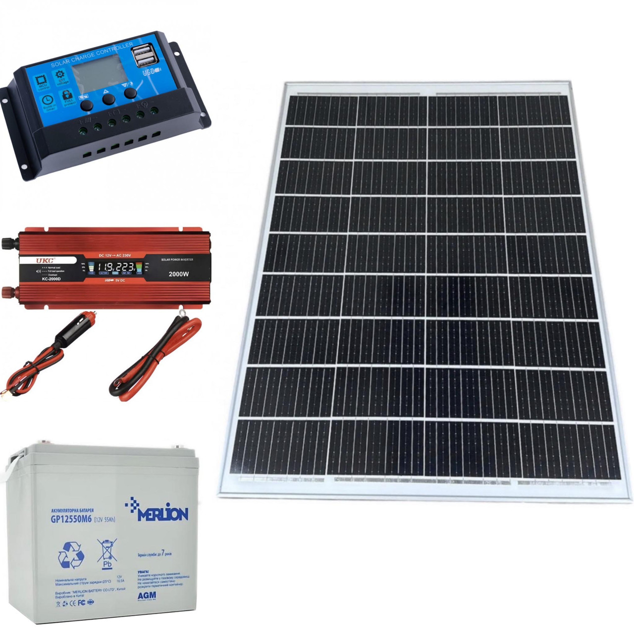 Міні сонячна електростанція для дачі та будинку 1000Вт (сонячна панель 100W + ШИМ контролер 30А + інвертор 1000/2000 + АКБ 12V
