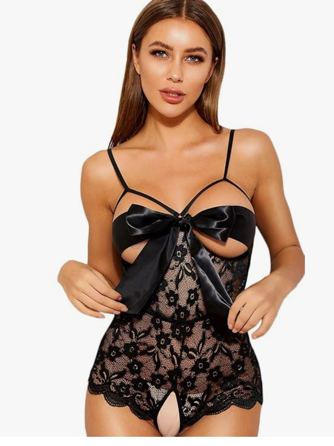 Відверта білизна для спокуси чорного кольору з оголеними грудьми та бантом
