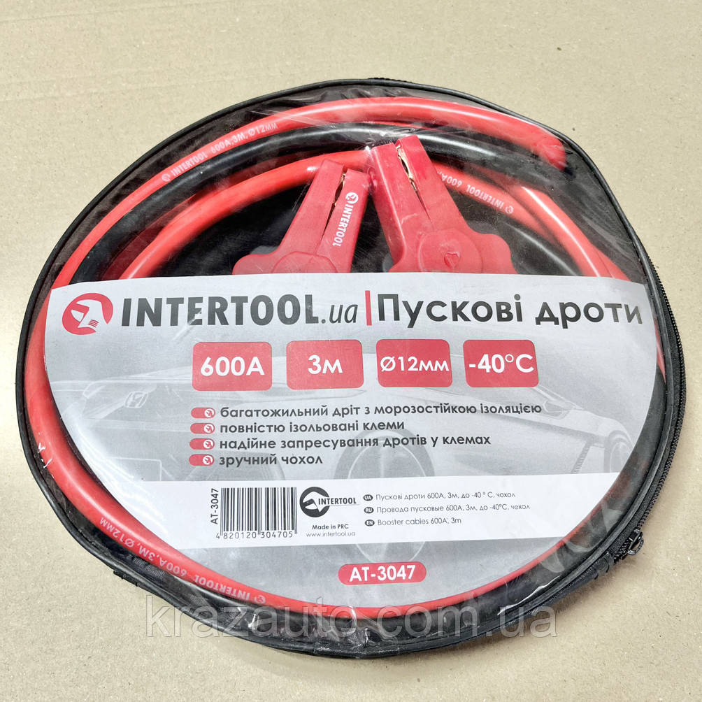 Пускові дроти 600 А, 3 м, до -40 °C, чохол INTERTOOL AT-3047, фото 1