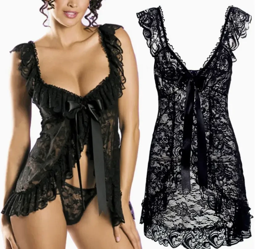 Чорний жіночий пеньюар з бантиком на грудях, фото 1