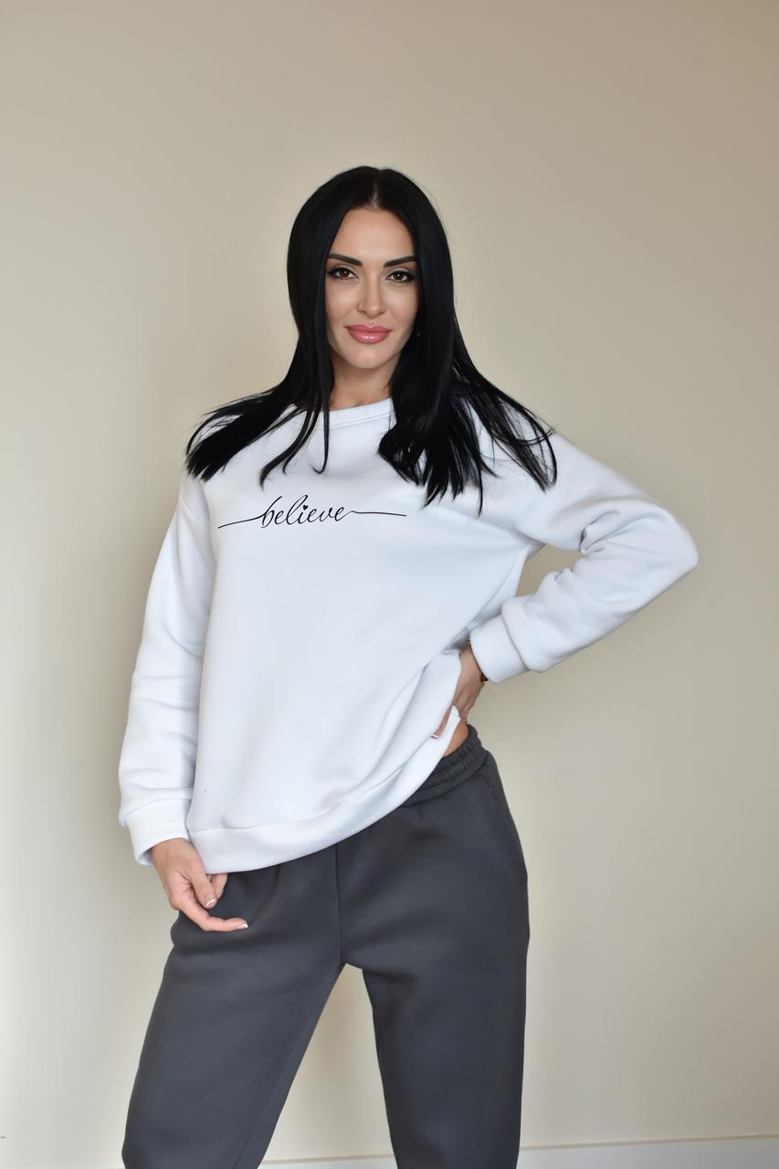 Трикотажний спортивний костюм брючний на флісі біло сірий