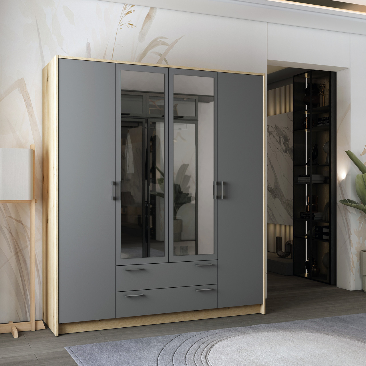 Розпашна Шафа для одягу Doros Ронді з дзеркалом Дуб Артізан/Графіт 4ДСП 160х52х195 (80737826)