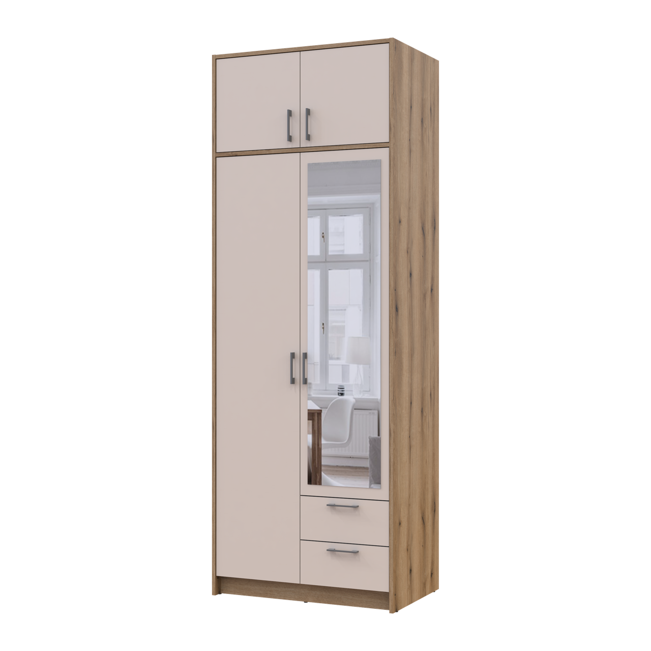 Розпашна Шафа для одягу Doros Ронді з антресолею та дзеркалом Дуб Артізан/Кашемір 2ДСП 82х52х236 (80737811)